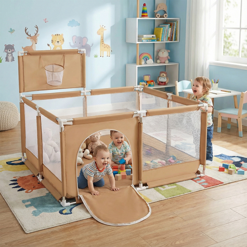 square play pen filled with plastic balls basketball, beige, No Balls