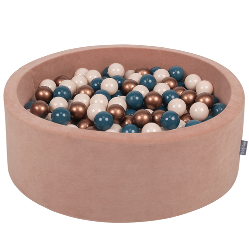 KiddyMoon Soft Ball Pit Round ∅ 7cm / 2.75In for Kids, Foam Velvet Ball Pool Baby Playballs, Made In The EU, desert pink:dark turquoise/pastel beige/copper, 90x30cm/300 balls