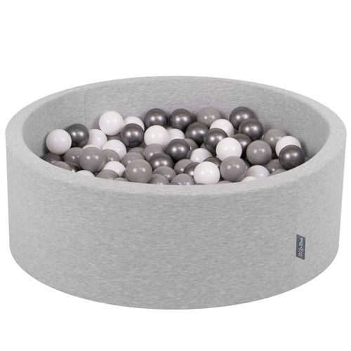 KiddyMoon Baby Foam Ball Pit with Balls ∅ 7cm / 2.75in Made in EU, light grey:white/grey/silver, 90 x 30 cm / 200 Balls