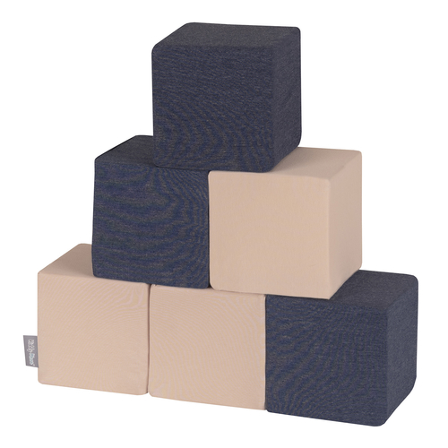 KiddyMoon Soft Foam Building Blocks for Babies & Toddlers, Washable Cotton Zip Cover, 14cm Cubes, Sensory Toy, cubes: dark blue-beige, 6 Pieces
