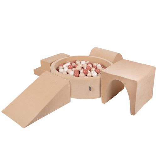 KiddyMoon Foam Playground Velvet for Kids with Round Ball pit ( ∅ 7cm/2.75In) Soft Obstacles Course and Ball Pool, Certified Made In The EU, Sand beige: pastel beige/salmon/white, Ballpit (300 Balls) + Version 3