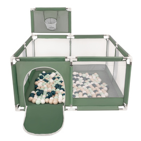 square play pen filled with plastic balls basketball, green:dark turquoise/pastel beige/white/mint, 100 balls