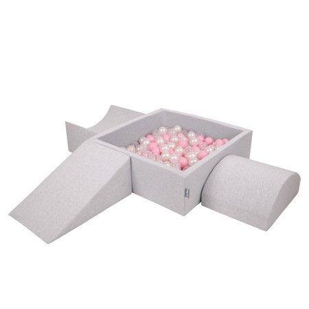 KiddyMoon Foam Playground for Kids with Square Ballpit ( ∅ 7cm/2.75In) Soft Obstacles Course and Ball Pool, Certified Made In The EU, lightgrey:powderpink/pearl/transparent, Ballpit (200 Balls) + Version 4