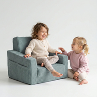 Foam armchair for kids convertible into bed, handle and side pockets, corduroy cover, green, UNI