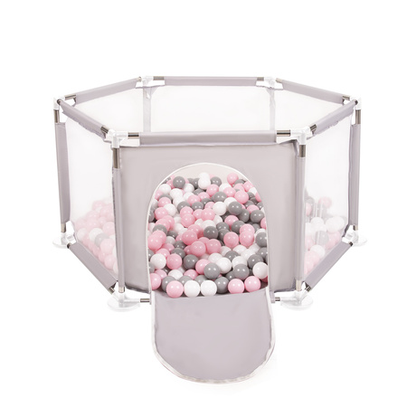 hexagon 6 side play pen with plastic balls, Grey:white/grey/powder pink, 400 balls