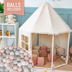 KiddyMoon Play Tent for Kids Pavilion Playhouse Cotton Fabric Indoor Outdoor Use Foldable Design Easy Assembly And Storage Perfect For Play Relaxing And Imaginative Adventures, natural: white/pearl/pastel beige/green-gray, 200 Balls