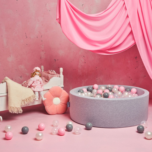 KiddyMoon Baby Foam Ball Pit with Balls ∅ 7cm / 2.75in Made in EU, light grey:pearl/grey/transparent/light pink, 90x30cm/200 balls