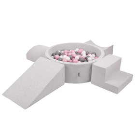KiddyMoon Foam Playground for Kids with Round Ballpit ( ∅ 7cm/2.75In) Soft Obstacles Course and Ball Pool, Certified Made In The EU, lightgrey:white/grey/powderpink, Ballpit (200 Balls) + Version 5
