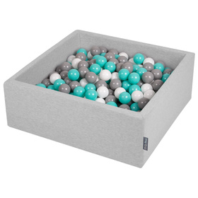 KiddyMoon Baby Foam Ball Pit with Balls ∅ 7cm / 2.75in Square Made in EU, light grey:white/grey/light turquoise, 90x30cm/300 balls