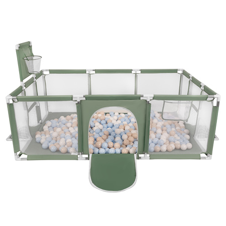 Baby Playpen Big Size Playground with Plastic Balls for Kids, green:pastel beige/pastel blue/white, 100 balls