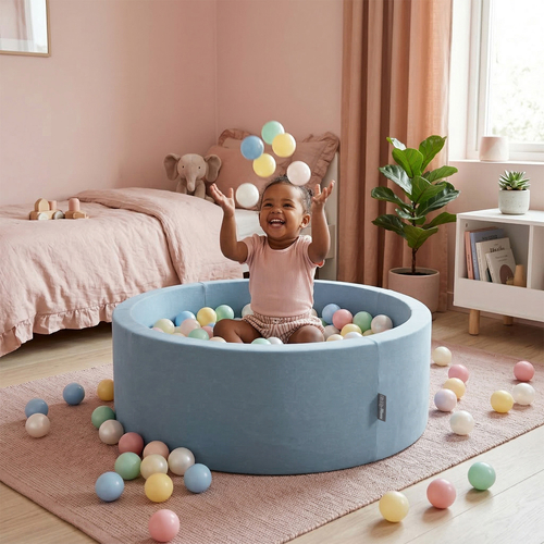 KiddyMoon Foam Ball Pit with Balls for Babies and Toddlers, Soft Sensory Play, Durable Removable Cover, Safe, blue, No balls