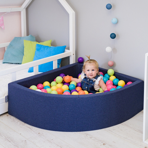 KiddyMoon Soft Ball Pit Quarter Angular ∅ 7cm / 2.75In for Kids, Foam Ball Pool Baby Playballs, Made In The EU, light grey:pearl/blue/babyblue/transparent/silver, 90x30cm/300 balls