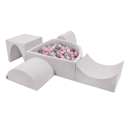 KiddyMoon Foam Playground for Kids with Quarter Angular Ballpit and Balls, lightgrey:pearl/grey/transparent/powderpink, Ballpit (300 Balls) + Version 1