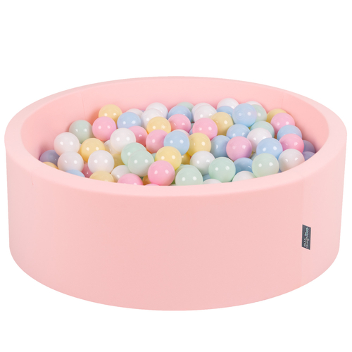 KiddyMoon Baby Foam Ball Pit with Balls ∅ 7cm / 2.75in Made in EU, pink:pastel blue/pastel yellow/white/mint/light pink, 90 x 30 cm / 300 Balls