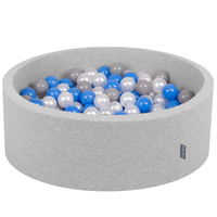 KiddyMoon Baby Foam Ball Pit with Balls ∅ 7cm / 2.75in Made in EU, light grey:pearl/grey/blue, 90 x 30 cm / 300 Balls