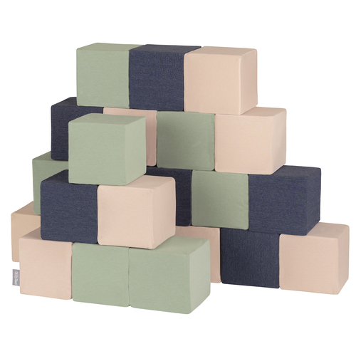KiddyMoon Soft Foam Building Blocks for Babies & Toddlers, Washable Cotton Zip Cover, 14cm Cubes, Sensory Toy, cubes: dark blue-beige-sage, 24 Pieces