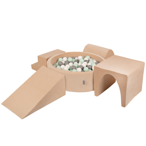 KiddyMoon Foam Playground Velvet for Kids with Round Ball pit ( ∅ 7cm/2.75In) Soft Obstacles Course and Ball Pool, Certified Made In The EU, Sand beige: white/grey/mint, Ballpit (200 Balls) + Version 3