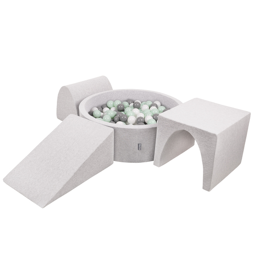 KiddyMoon Foam Playground for Kids with Round Ballpit (Balls ∅ 7cm/2.75In) Soft Obstacles Course and Ball Pool, Made In EU, lightgrey:white/grey/mint, Ballpit (200 Balls) + Version 2