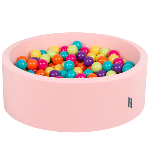 KiddyMoon Baby Foam Ball Pit with Balls ∅ 7cm / 2.75in Made in EU, pink:l.green/yellow/turquoise/orange/d.pink/purple, 90x30cm/200 balls