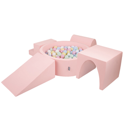 KiddyMoon Foam Playground for Kids with Round Ballpit ( ∅ 7cm/2.75In) Soft Obstacles Course and Ball Pool, Made In The EU, pink:pastel blue/pastel yellow/white/mint/light pink, Ballpit (200 Balls) + Version 3