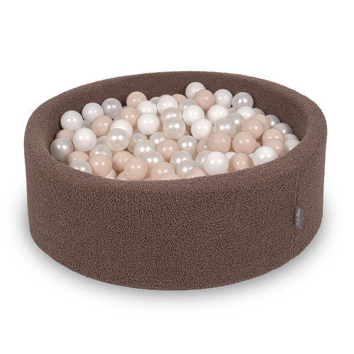 KiddyMoon Ball Pit for Baby with Teddy Plush, Large 7 cm Balls for a Fuller Ball Pit, From 8 Months, Removable Cover, Brown: Pastel Beige/White/Pearl, 90 x 30 cm / 300 Balls
