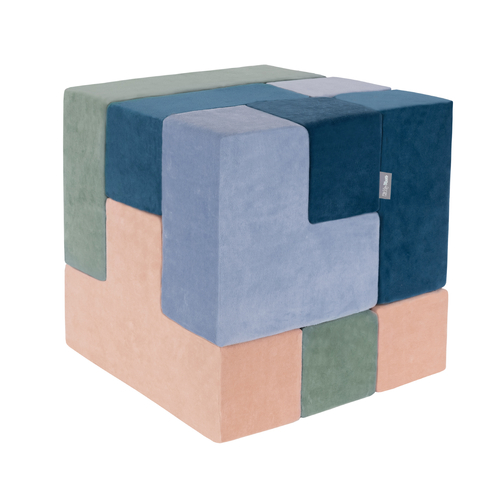 KiddyMoon Soft Foam Cubes with Velvet Cover Building Blocks for Children, laguna blue-forest green-desert pink-ice blue, 9 Pieces