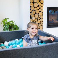KiddyMoon Soft Ball Pit Square ∅ 7Cm / 2.75In For Kids, Foam Ball Pool Baby Playballs Children, Made In The EU, dark grey:grey-white-turquoise, 120x30cm/1000 balls