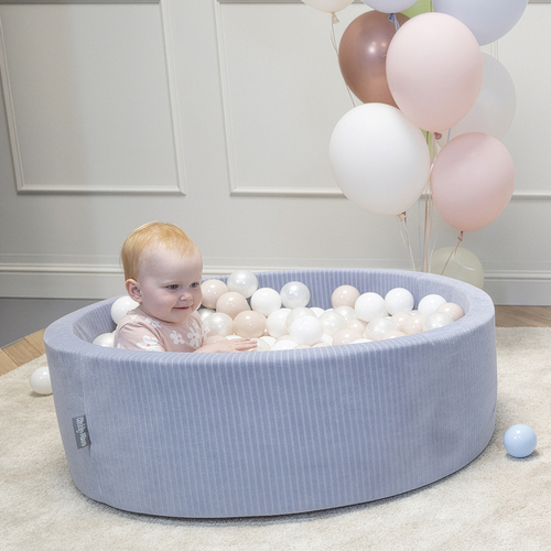 KiddyMoon Foam Ball Pit For Kids Round 90x30cm Baby Soft & Safe Toy, dark grey: pastel beige/white/perle, 90x30cm/300 balls