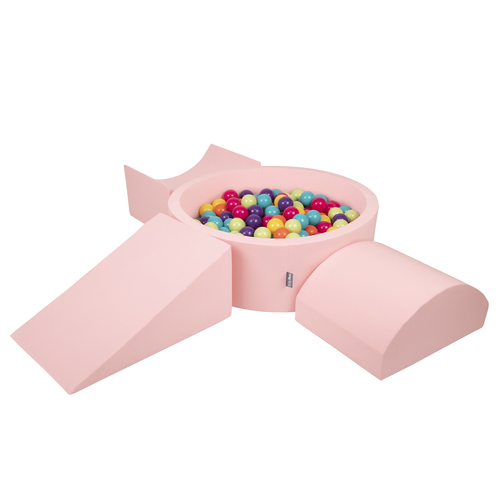KiddyMoon Foam Playground for Kids with Round Ballpit ( ∅ 7cm/2.75In) Soft Obstacles Course and Ball Pool, Made In The EU, pink:lgreen/yellow/turquoise/orange/dpink/purple, Ballpit (200 Balls) + Version 4