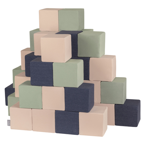 KiddyMoon Soft Foam Building Blocks for Babies & Toddlers, Washable Cotton Zip Cover, 14cm Cubes, Sensory Toy, cubes: dark blue-beige-sage, 48 Pieces