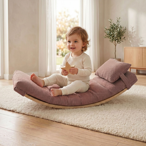 KiddyMoon Balance Board for Kids with Mattress and Pillow Wooden Sensory Wobble Board, natural/dark beige, Balance Board/Mattress/Pillow