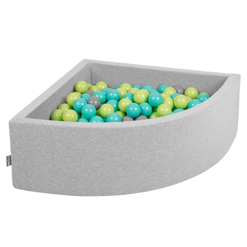 KiddyMoon Soft Ball Pit Quarter Angular ∅ 7cm / 2.75In for Kids, Foam Ball Pool Baby Playballs, Made In The EU, light grey:light green/light turquoise/grey, 90x30cm/200 balls