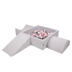 KiddyMoon Foam Playground for Kids with Square Ballpit ( ∅ 7cm/2.75In) Soft Obstacles Course and Ball Pool, Made In The EU, lightgrey:white/grey/powderpink, Ballpit (200 Balls) + Version 4