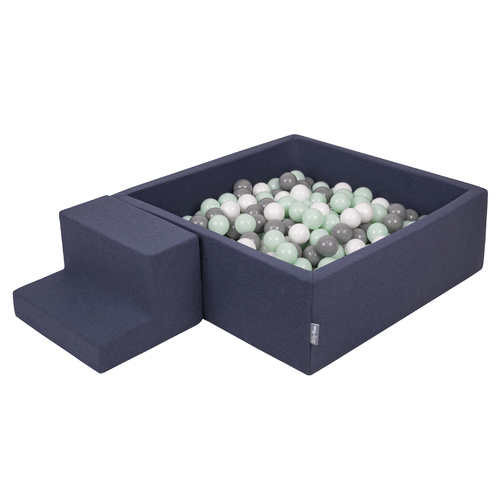 KiddyMoon Foam Playground for Kids with Square Ballpit ( ∅ 7cm/2.75In) Soft Obstacles Course and Ball Pool, Made In The EU, darkblue:white/grey/mint, Ballpit (200 Balls) + Steps