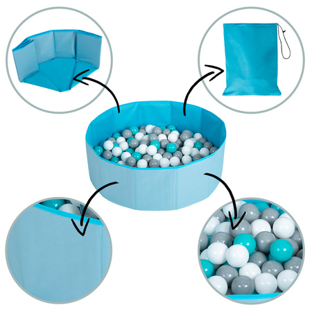 children colourfull foldable ballpit plastic balls, blue:white/grey/turquoise, 300 balls