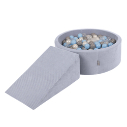KiddyMoon Foam Playground For Kids Soft Textured Safe Blocks, dark grey: perle/grey/transparent/baby blue, Ballpit (100 Balls) + Wedge