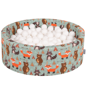 KiddyMoon Soft Ball Pit Round ∅ 7Cm / 2.75In For Kids, Foam Ball Pool Baby Playballs Children, Made In The EU, fox-green:white, 90x30cm/300 balls