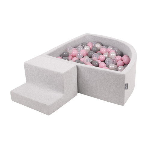 KiddyMoon Foam Playground for Kids with Quarter Angular Ballpit and Balls, lightgrey:pearl/grey/transparent/powderpink, Ballpit (200 Balls) + Steps
