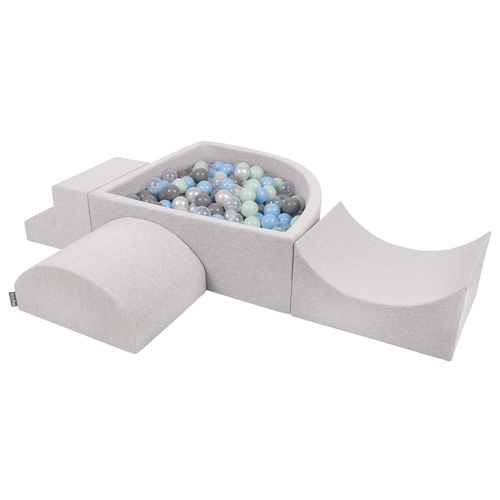 KiddyMoon Foam Playground for Kids with Quarter Angular Ballpit and Balls, lightgrey:pearl/grey/transparent/babyblue/mint, Ballpit (300 Balls) + Version 6
