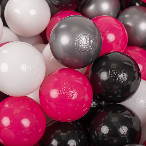 KiddyMoon Soft Plastic Play Balls ∅ 7cm/2.75in Multi-colour Made in EU, white/black/silver/dark pink, 300 Balls/7cm-2.75in