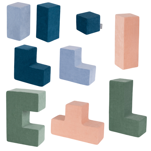 KiddyMoon Soft Foam Cubes with Velvet Cover Building Blocks for Children, laguna blue-forest green-desert pink-ice blue, 9 Pieces