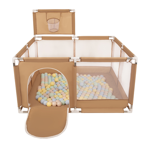 square play pen filled with plastic balls basketball, beige:pastel beige/pastel blue/pastel yellow/mint, 200 balls