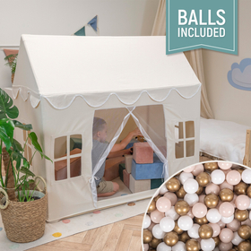 KiddyMoon Playhouse For Kids Foldable Tent Child's Play Cotton Fabric Easy To Assemble Indoor And Outdoor Use With Windows And Doors Encourages Creative Play Compact Storage, natural: pastel beige/white/gold, 400 Balls