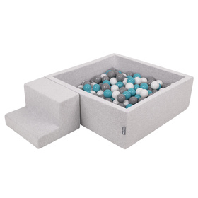 KiddyMoon Foam Playground for Kids with Square Ballpit ( ∅ 7cm/2.75In) Soft Obstacles Course and Ball Pool, Certified Made In The EU, lightgrey:grey/white/turquoise, Ballpit (100 Balls) + Steps