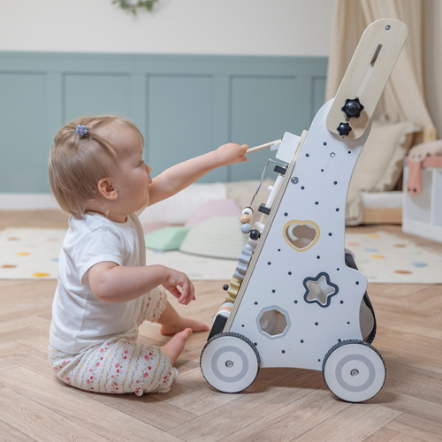 KiddyMoon Wooden Baby Walker Interactive Educational Toy for Children Multifunctional Push-Along Toy for Babies Montessori Walker for Kids Model WK-002, Black - White, Adjustable Handle