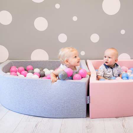 KiddyMoon Baby Foam Ball Pit with Balls ∅ 7cm / 2.75in Made in EU, light grey:grey/white/pink, 90x30cm/200 balls