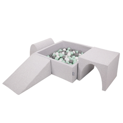 KiddyMoon Foam Playground for Kids with Square Ballpit ( ∅ 7cm/2.75In) Soft Obstacles Course and Ball Pool, Certified Made In The EU, lightgrey:white/grey/mint, Ballpit (200 Balls) + Version 2