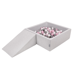 KiddyMoon Foam Playground for Kids with Square Ball pit ( ∅ 7cm/2.75In) Soft Obstacles Course and Ball Pool, Certified Made In The EU, lightgrey:white/grey/powderpink, Ballpit (100 Balls) + Wedge