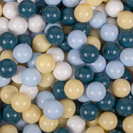 KiddyMoon Baby Foam Ball Pit with Balls ∅ 7cm / 2.75in Made in EU, light grey:dark turquoise/pastel blue/pastel yellow/white, 90x30cm/200 balls