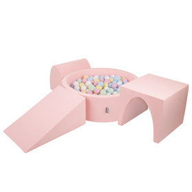 KiddyMoon Foam Playground for Kids with Round Ballpit (Balls ∅ 7cm/2.75In) Soft Obstacles Course and Ball Pool, Made In EU, pink:pastel blue/pastel yellow/white/mint/light pink, Ballpit (200 Balls) + Version 2